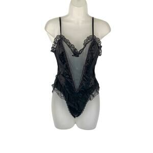 Vintage Emil Bole Lingerie Lace Mesh V Neck Bodysuit Bridal Black
